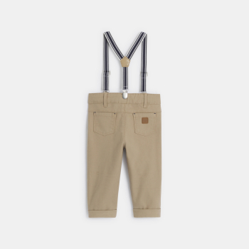 بنطلون (سروال) باللون البيج لين، بحمالات، ومصنوع من القطن الفاخر، مرن وقابل للتعديل، ويناسب الأطفال الصغار